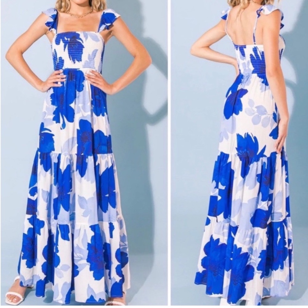Blue Floral Maxi Dress - Smocked Bodice, Ruffle Straps
